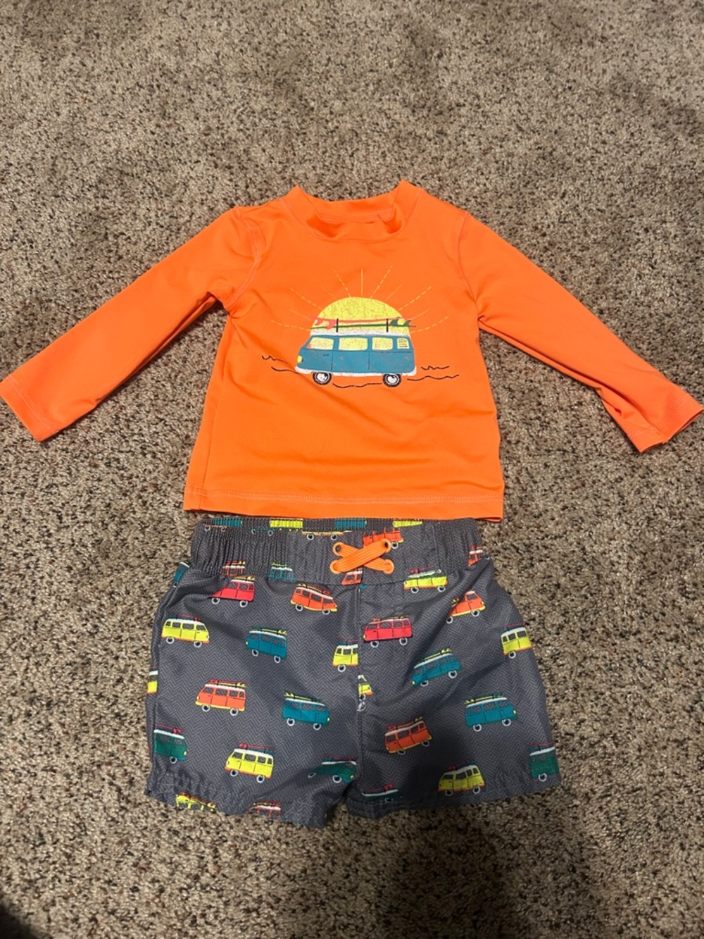 Cat & Jack Orange Rash Guard and Multi Van Print Swim Trunks